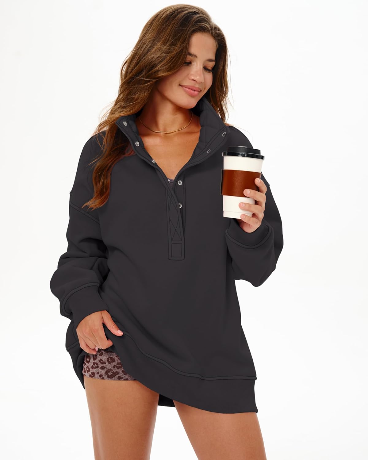 Gacaky Womens Oversized Sweatshirts Casual Button Henley Neck Long Sleeve Pullover Fleece Loose Fit Fall Tops Fashion Outfits - Image 7