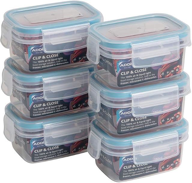 Addis Clip & Close 180 ml Rectangular Food Storage Airtight Lockable Lid, Bulk Pack of 6 containers, Clear, Clear & Blue, 6 x 180 ml