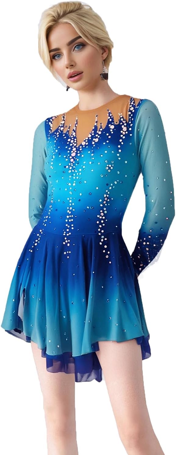 LIUHUO Figure Skating Skirt Gradual Blue Long Sleeve Mesh Skirt Girl Competition Performance