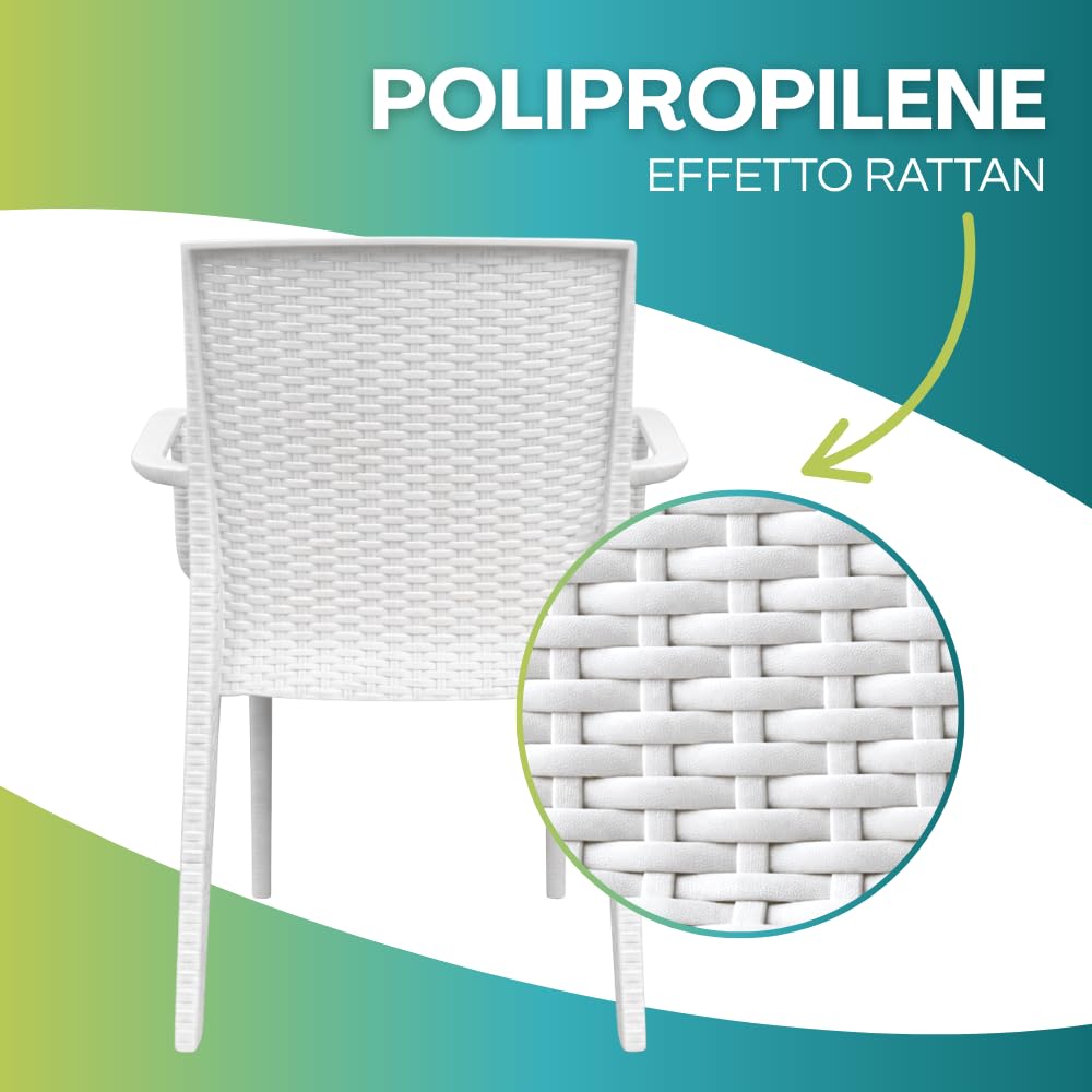 PALUPLUS Set 4 Sedie da Giardino con Braccioli in Polipropilene effetto Rattan colore BIANCO, misura 59x57x86 cm, Sedia Impilabile per Esterno ed Interno -VEROARM930F-18,8