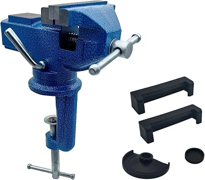 Clamp-on Bench Vise 3.15" - 3.81lb Home Portable Table Vise with 360Swivel Base - Tool for DIY, Metal Drilling, Woodworking, Sanding & Repair Works, Blue