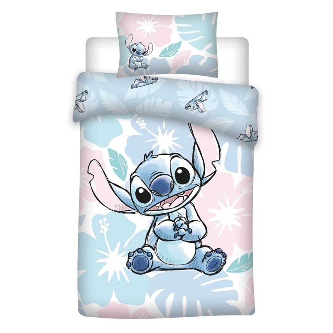 aymax - Juego de cama de bebé Stitch Flowers 1 persona, funda nórdica de 100 x 140 cm + funda de almohada de 40 x 60 cm, 100% algodón
