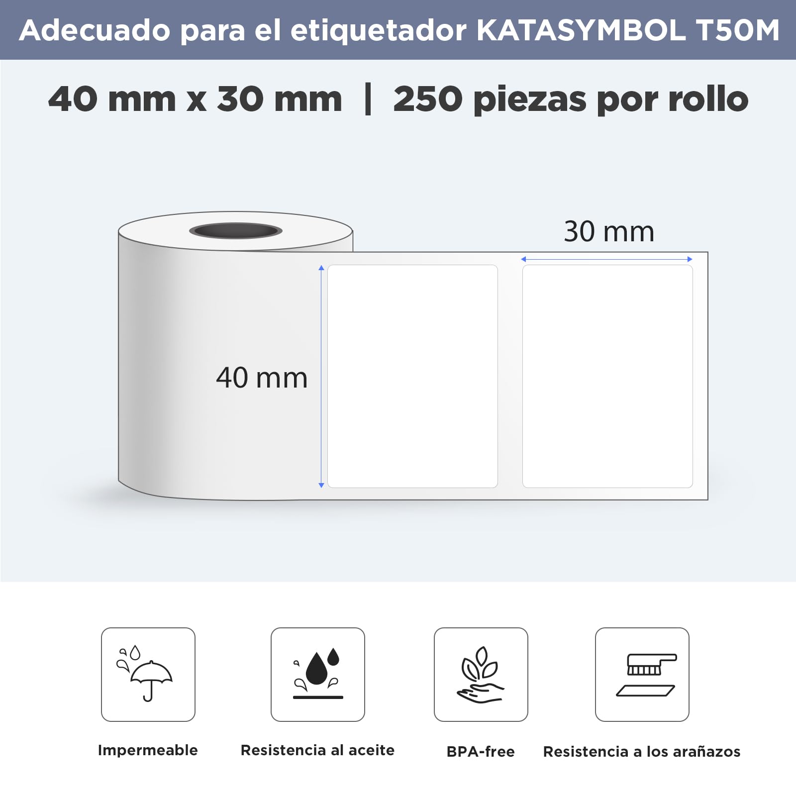 SUPVAN KATASYMBOL T50M Pro Impermeabilización Térmica Etiquetas Adhesivas, 2 Rollos, 30 mm x 40 mm, 250 Uds/Rollo, Negro sobre Blanco