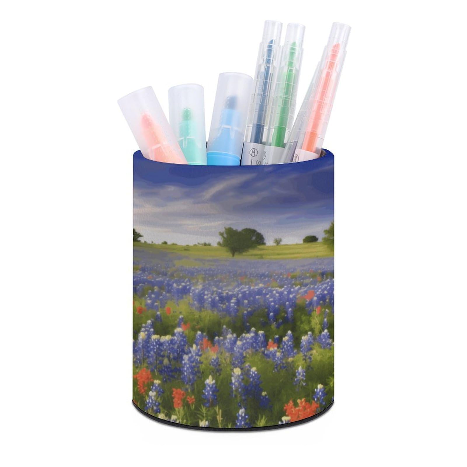 VstaDank Texas Bluebonnets Scenery Pen Holder PU Leather Pencil Cup Minimalist Desk Pencil Holder Round Make Up Brush Organizers For Office Dorm Room&Vanity Desk Accessories