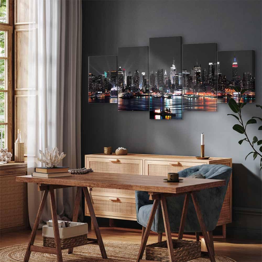 Cuadros B&D XXL - Cuadro en Lienzo New York City 225x112 cm Impresión de 5 Piezas Material no Tejido decorativo Cuadros Grandes Para Dormitorios Impresión de Pared Noche Nueva York d-A-0022-b-n