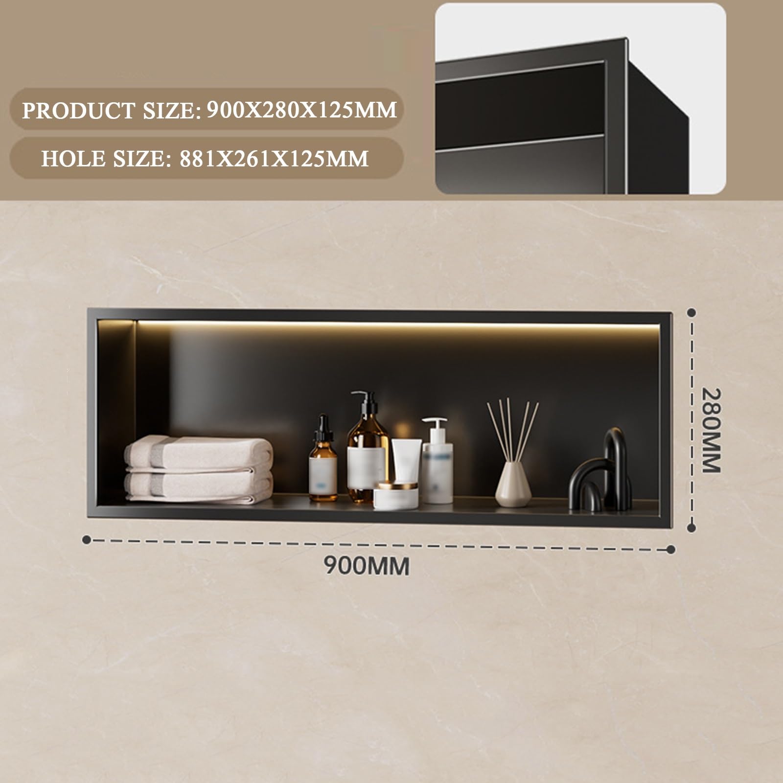 Wodoodporna nisza prysznicowa LED ze stali nierdzewnej, wpuszczana półka łazienkowa – łatwa instalacja bez płytek, zamontowana pozioma konstrukcja, 90 x 28 x 12,5 cm