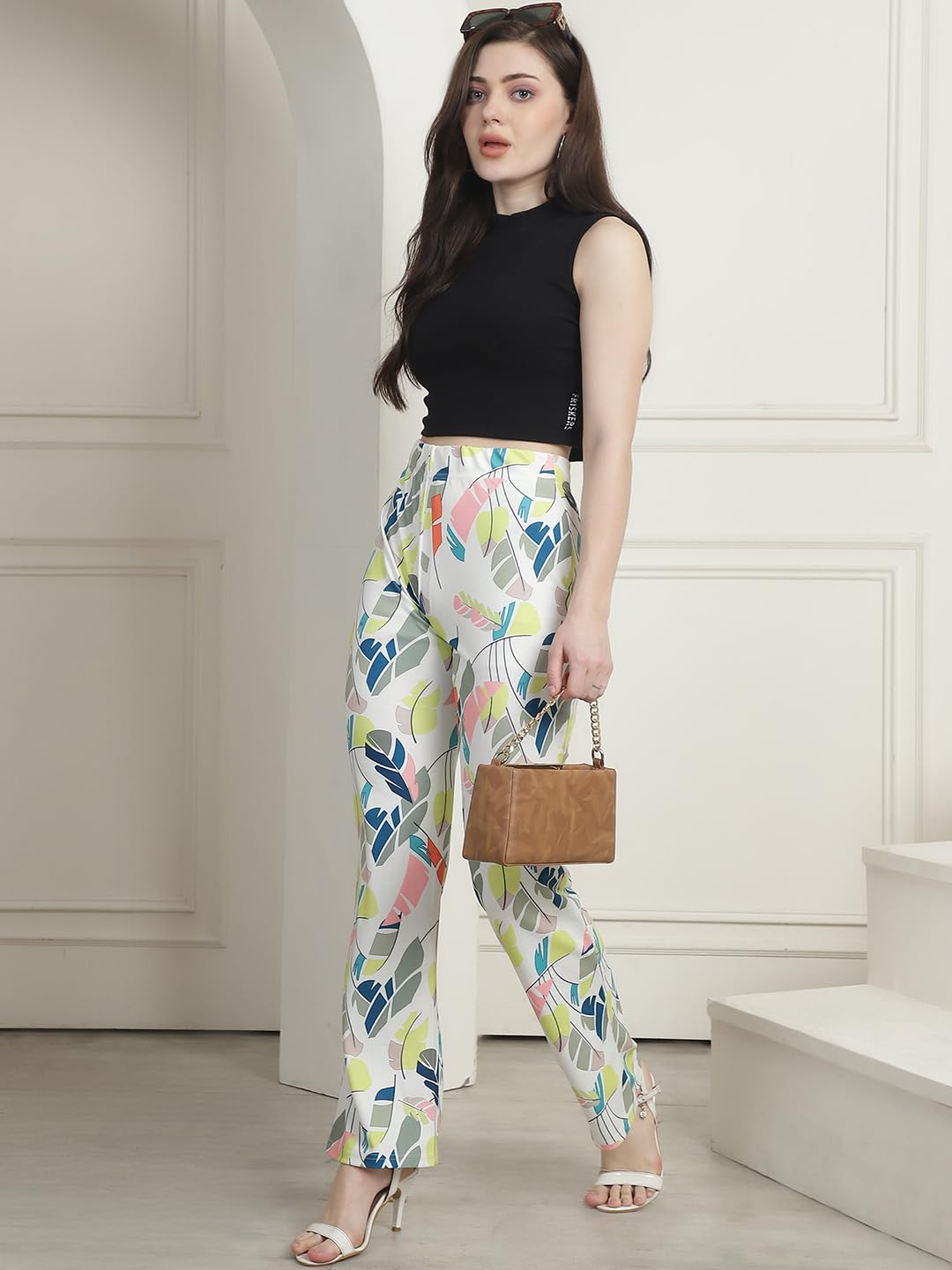 Preneum Women's Striped Wide-Leg High-Waisted Korean-Inspired Comfortable & Stylish and Formal Bell Bottom Trouser Pant, Green & Off White, M