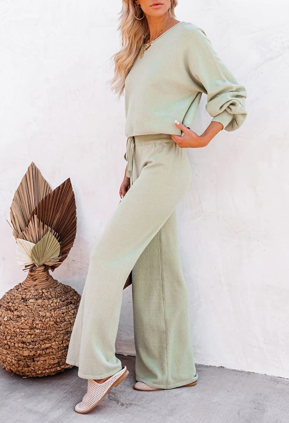 Sovoyontee Set da donna, 2 pezzi, loungewear a maniche lunghe, con pantaloni larghi