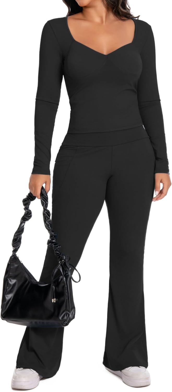 Women's Casual 2 Piece Yoga Pant Outfit Long Sleeve V Neck Top & Flare Leggings Sets - Image 2