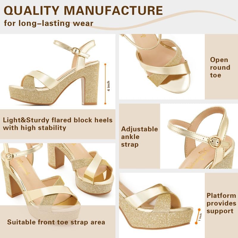 Womens Sparkly Platform Dress Sandals for Women Chunky Block Heel 3.8 Inch High Heels Open Toe with Strap for Women Comfortable Sexy Dressy Prom Wedding Party Evening Shoes - Image 6