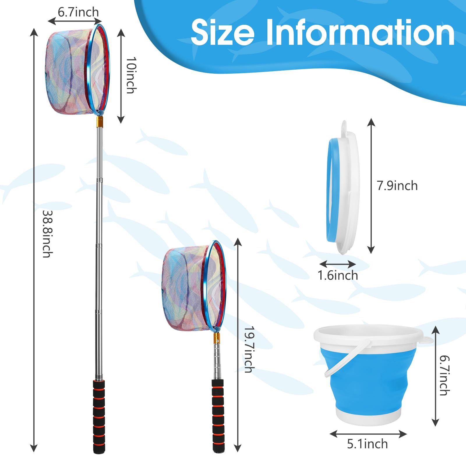 Kids Fishing Net, 2 Pack Thickened Telescopic Fishing Landing Net with Aluminum Pole Handle for Kids, Collapsible Bucket Kids Sand Pail, Fishing Net Butterfly Nets for Kids, Outdoor Playing, Blue