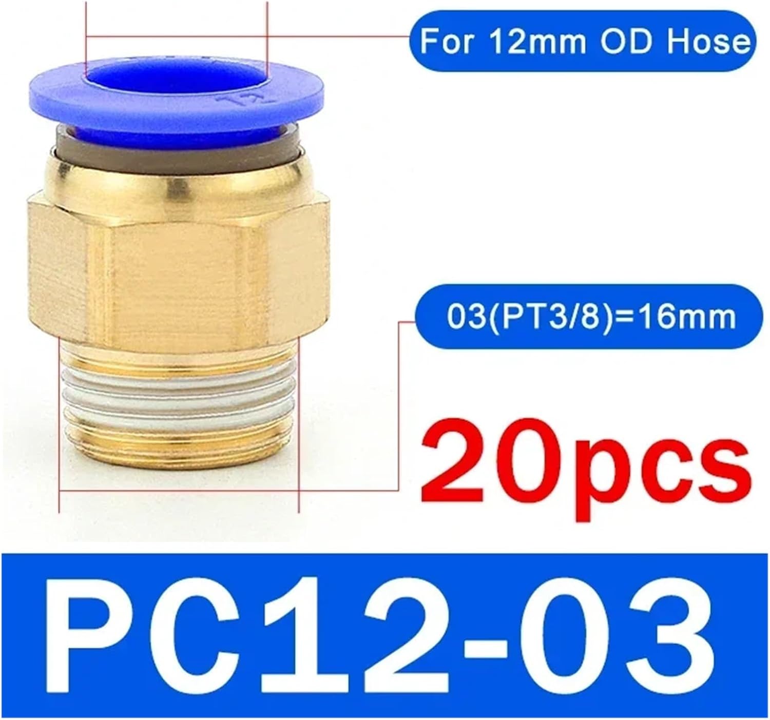 20PCS Pneumatic Air Connector Fitting PC 4mm 6mm 8mm 10mm 12mm Thread 1/8" 1/4" 3/8" 1/2" Hose Fittings Pipe Connectors(PC12-03 (3I8))