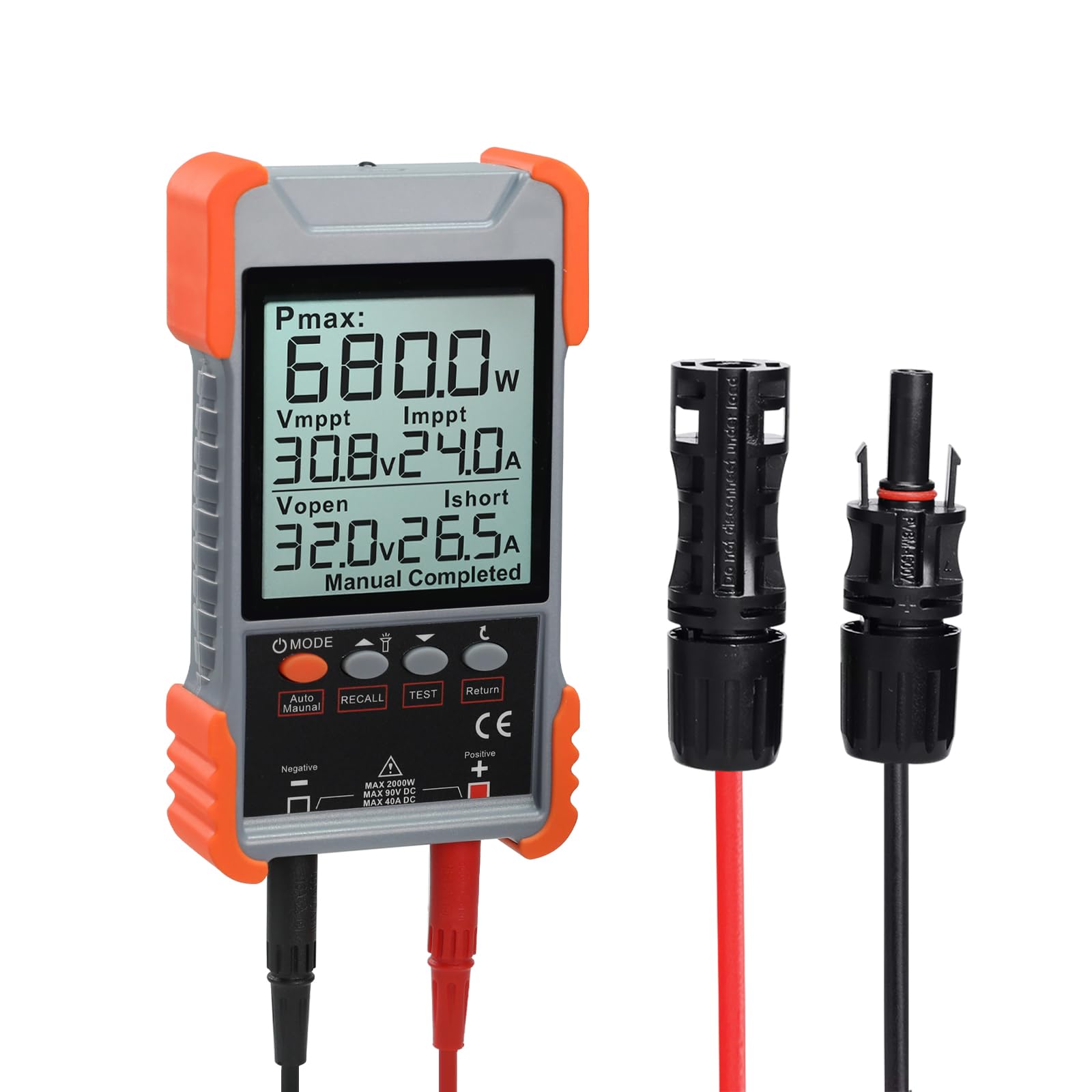 Rechargeable Solar Panel Tester MPPT Meter Solar Power Tester, 2000W 90V/40A PV Panel Monitor, Auto/Manual Test, LCD Screen, TPR Anti-Drop, Overvoltage/Overcurrent/Reverse/Temp Protection-image-41