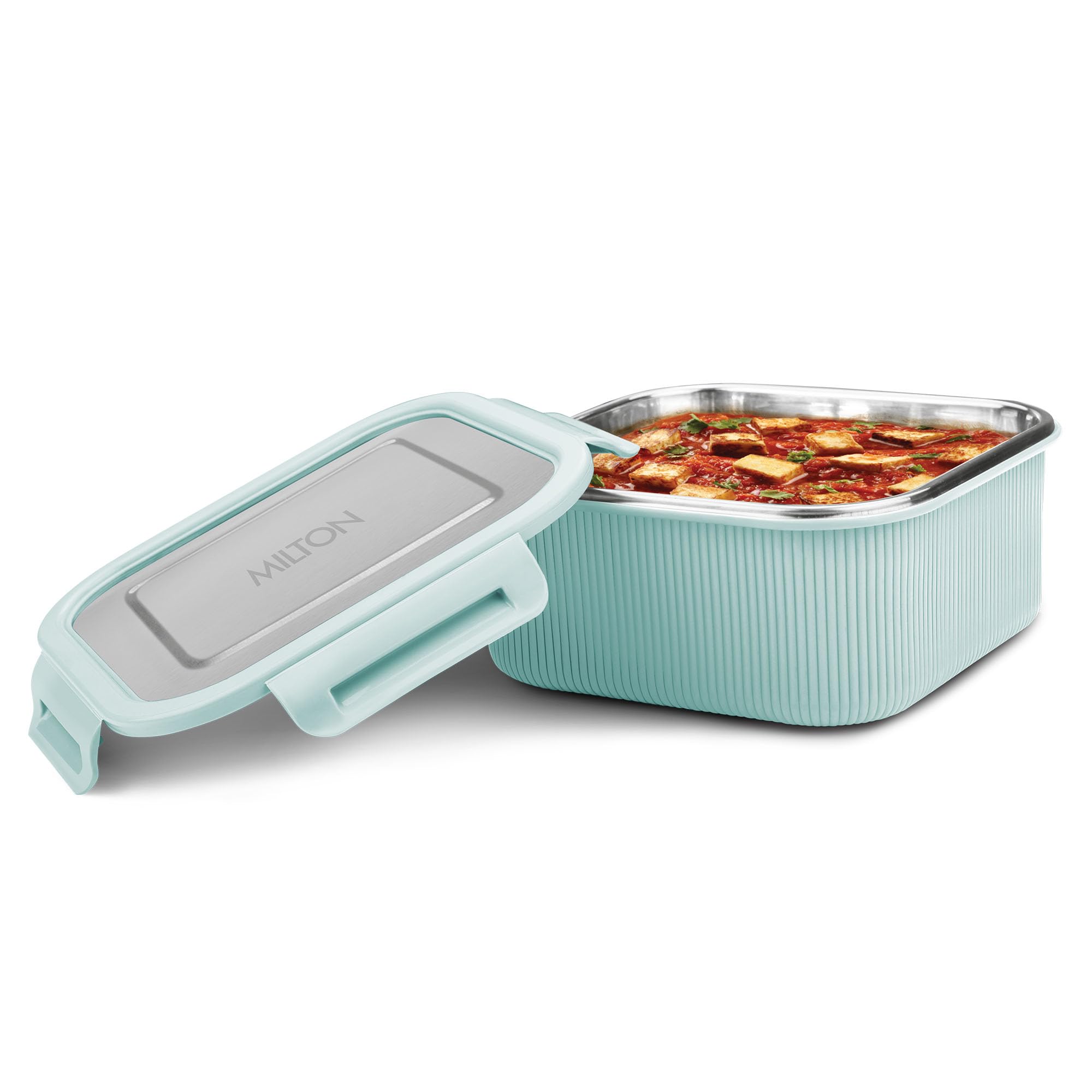 MILTON Cool Touch Square 1600 Stainless Steel Container, 1580 ml, Pastel Turquoise | Microwave Safe | Food Grade | BPA Free | Refrigerator Safe