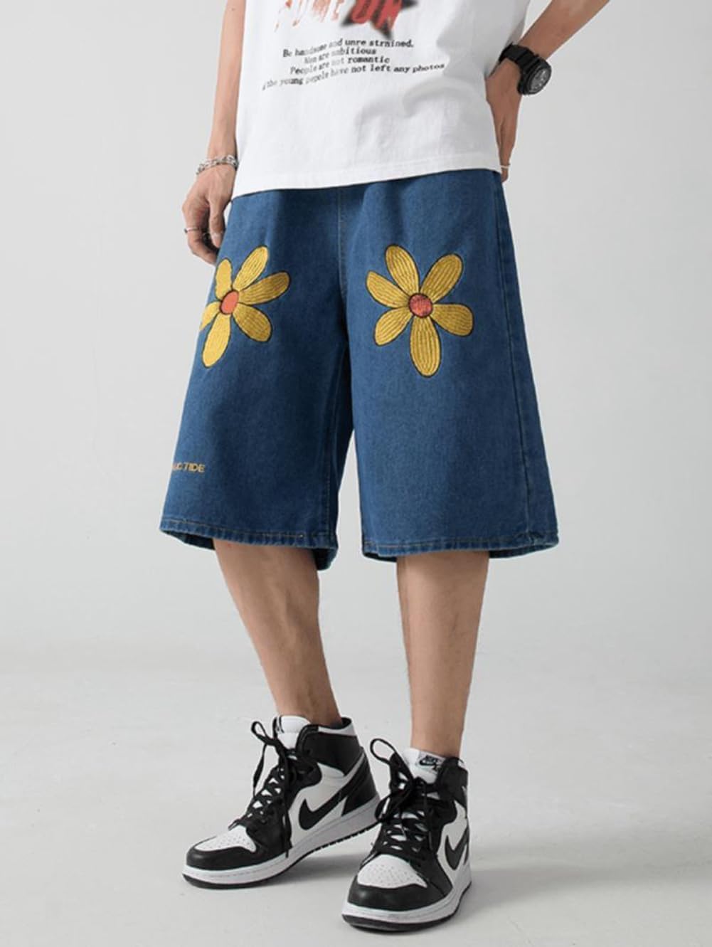 Mens Bermuda Jean Shorts Summer Floral Print Loose Fit Baggy Denim Shorts with Pockets