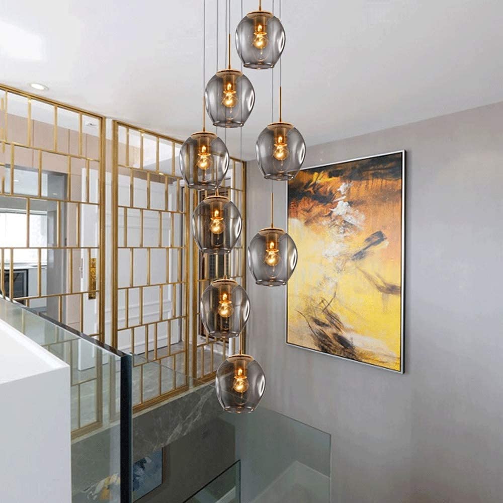 PCXEHUYP Modern Minimalist 8 Light Duplex Building Chandelier for Villa Staircase 40x180cm Gray Glass Balls Pendant with Multi E27 Ceiling Lamp