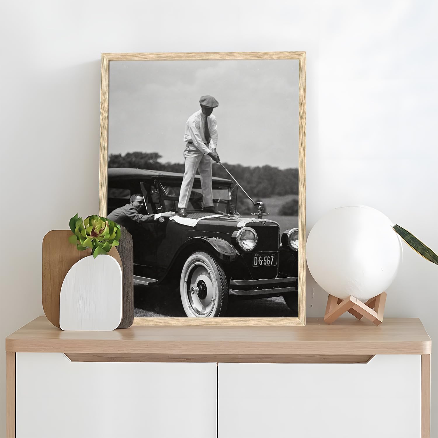 Vintage Black and White Wall Art Retro Golf Canvas Prints Classic Car Pictures Wall Decor Sports Photography Aesthetic Artwork for Man Bedroom Office Living Room 12x16in Framed