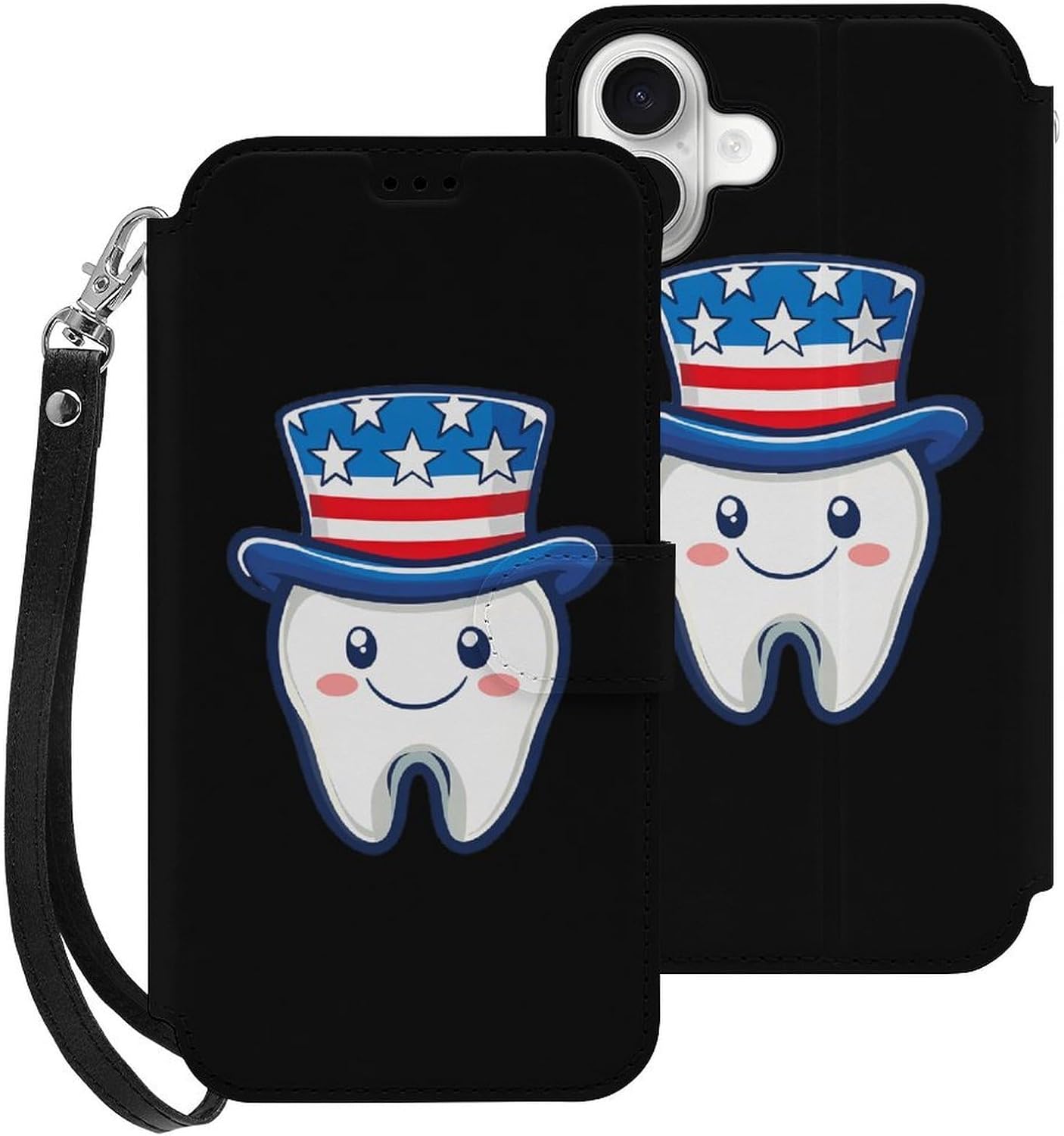4th of July U.S. Tooth Compatible with iPhone 16/16 Plus/16 Pro/16 Pro Max/16 E Case Phone Wallet Card Holder Flip Cover with Wrist Strap