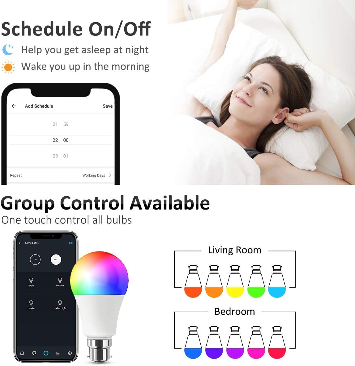 Smart Life App interface showing schedule settings and group control for smart bulbs.