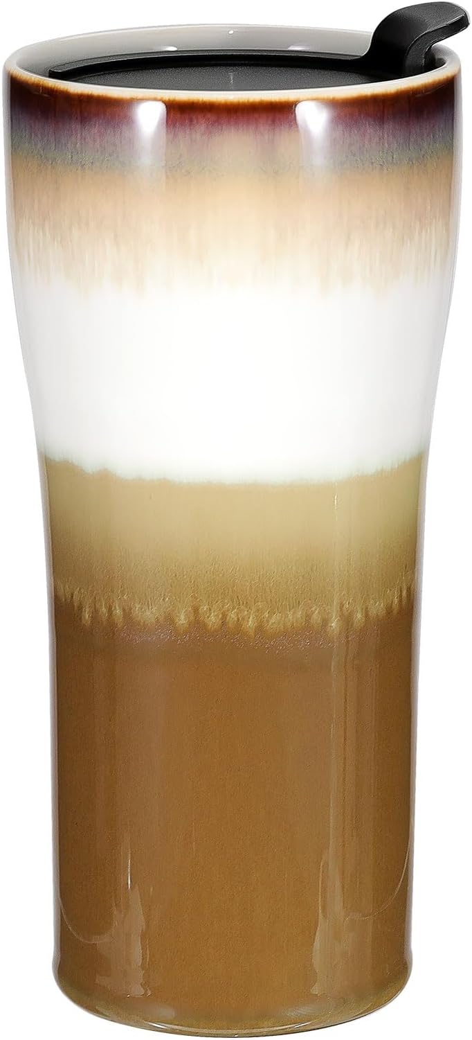 Double Wall Ceramic Coffee Mug with Lid, 15oz Large Insulated Travel Coffee Mugs, Splash Resistant, Dishwasher Microwave Safe, Portable Coffee Cup for Car Cup Holder, Unique Gift