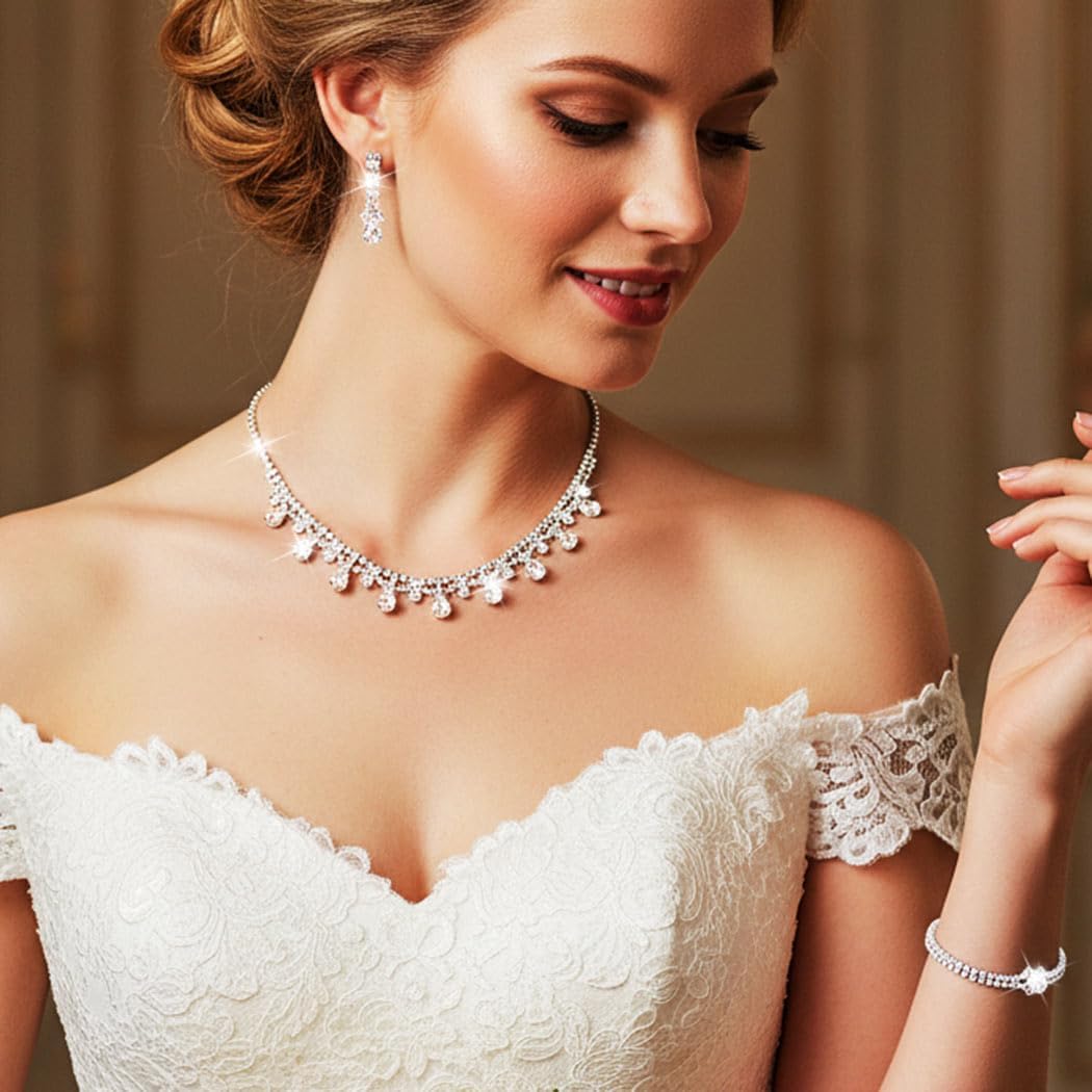 GORAIS Silver Wedding Prom Jewelry Sets Rhinestone Necklace and Earrings Set for Women Formal - Image 6