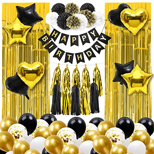 Geburtstagsdeko Männer Frau, Schwarz Gold Geburtstag Party Deko Set Happy Birthday Deko Luftballon Banner für Kinder Frauen18 21 30 40 50 60 70 80 90 Geburtstag Party Deko Supplies Cover