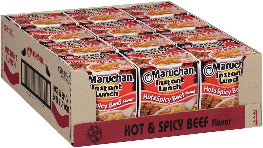 Maruchan Instant Lunch Ramen Noodles, Hot & Spicy Beef Flavor – Japanese-Style Instant Noodle Soup, Easy Meal Ready in 3 Minutes – 2.25 Oz. (12 Pack)