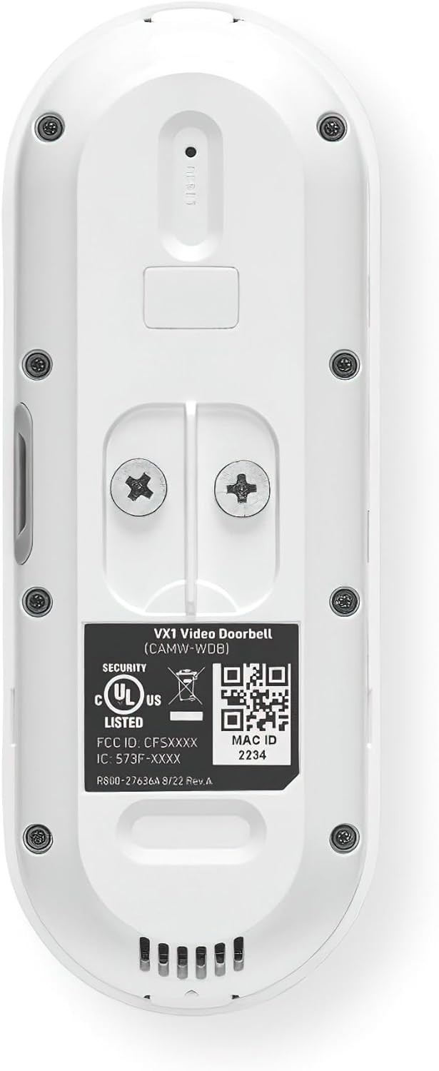 Rear view of the VX1 Video Doorbell, displaying wiring terminals, reset button, and regulatory information.
