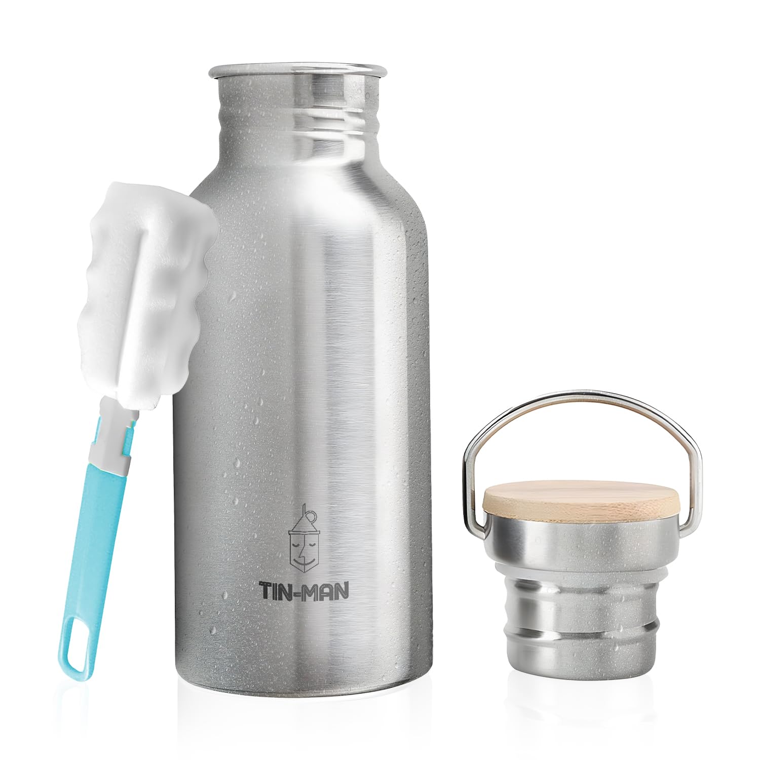 TIN MAN Stainless Steel Water Bottle w/Wooden Leakproof Lid & Bottle Sponge - Thermal Flask Insulated Water Bottle w/Carabiner for Outdoor Camping Hiking Running Riding- for Hot Cold Drinks (550ML)