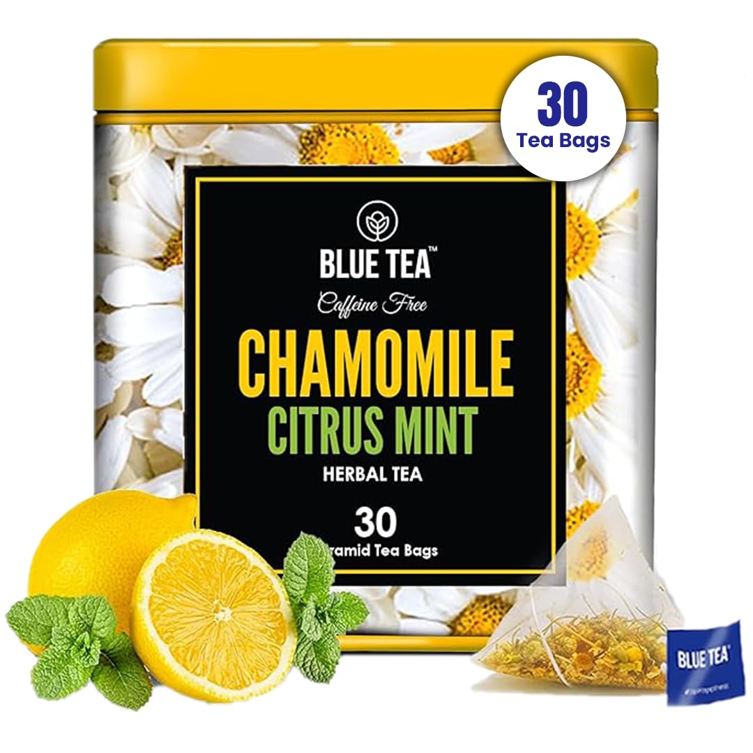 BLUE TEA - Chamomile Citrus Mint Herbal Tea - 30 Plant-based Tea Bags | CALM TEA | Caffeine-Free | Chamomile, Lemon peel, Peppermint, Spearmint | Eco-Conscious Tin Packaging
