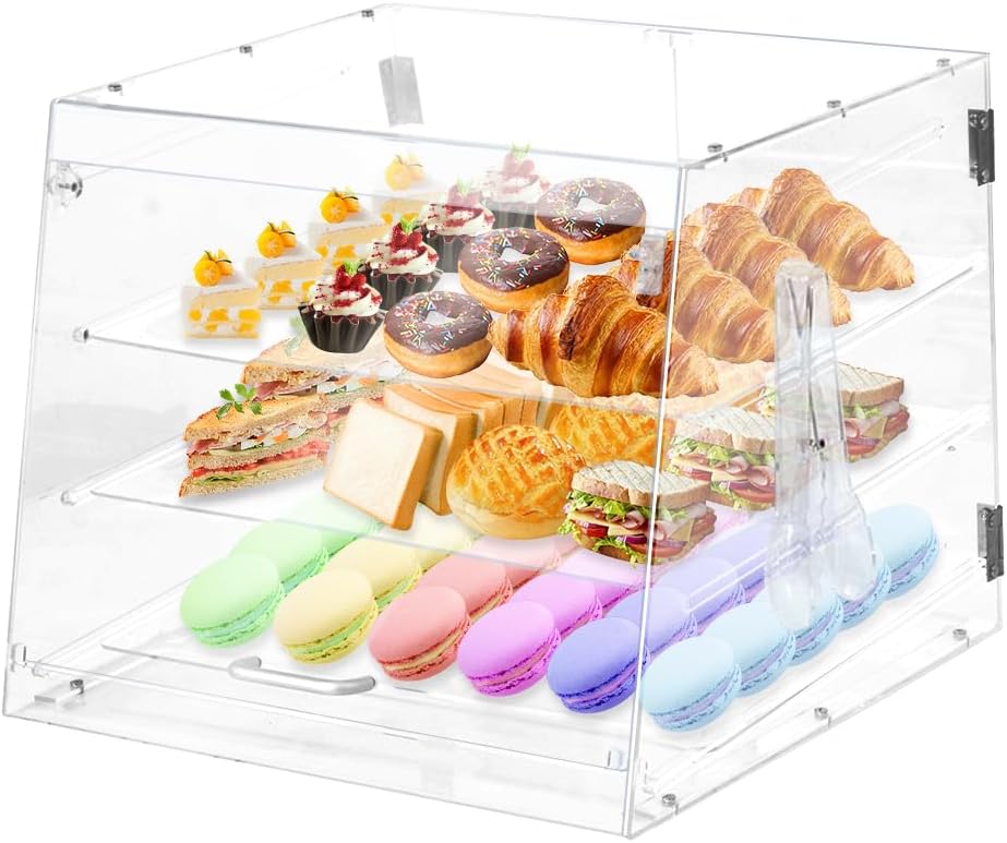 3-Tier Pastry Display Case, Removable Bakery Display Case with Bread Tong, Commercial Countertop Cookie Display Case, Front & Rear Door Access
