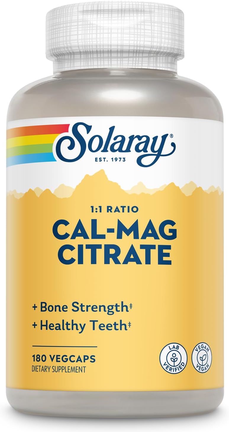 Solaray Calcium Magnesium Citrate 1000mg 1:1 Ratio, Bone Strength Supplement, Muscle, Nerve and Bone Health Support, Chelated for High Absorption, 60-Day Guarantee, 45 Servings, 270 VegCaps