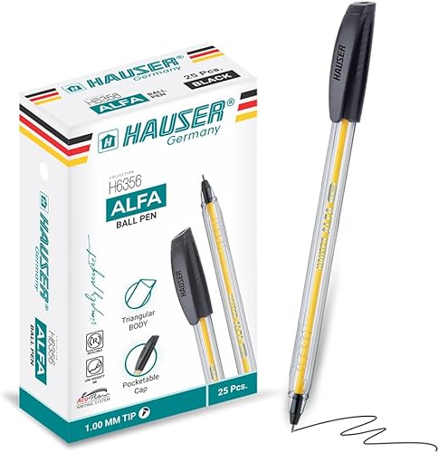 Alfa - Bolígrafos de tinta negra, punta de 0.039 pulgadas, barril transparente con agarre triangular, tapa para bolsillo, juego de 25 piezas para