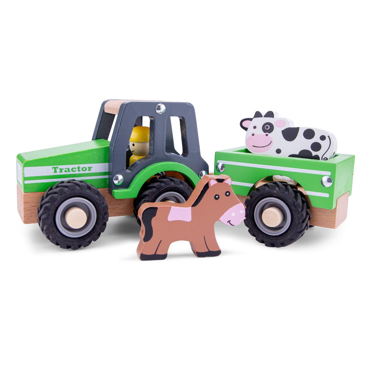 New Classic Toys - Houten speelgoed - Houten tractor met aanhanger, Green