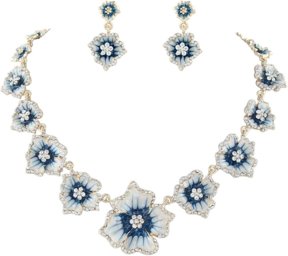EVER FAITH Women's Austrian Crystal Enamel Hibiscus Necklace Earrings Set Gold-Tone