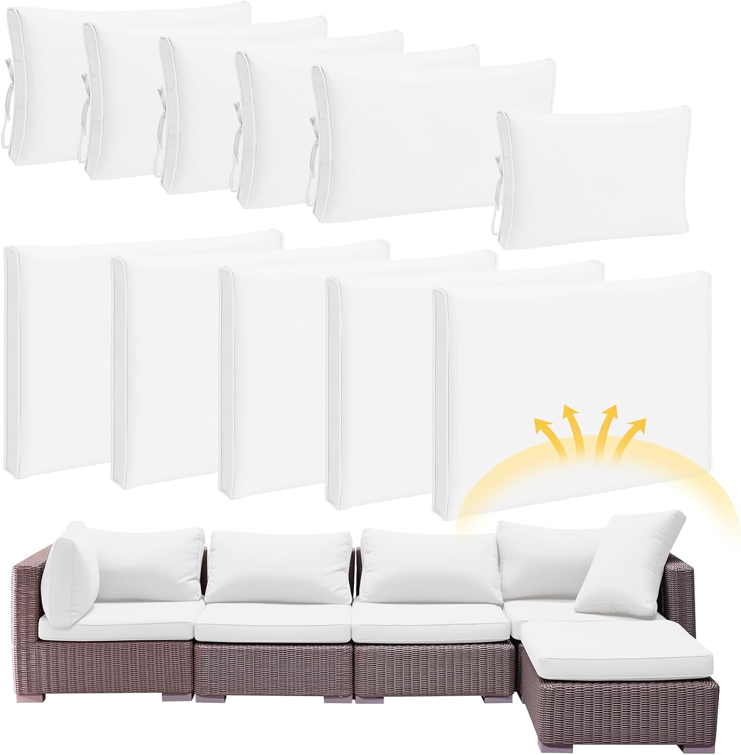 Patelai 11 Pcs Waterproof Patio Cushion Covers for Outdoor Sectional Furniture Wicker Rattan Patio Sofa Couch Chair Seat Pillow Slipcovers, 3 Sizes Covers Only (25.4 x 25.4X 3.54,White)