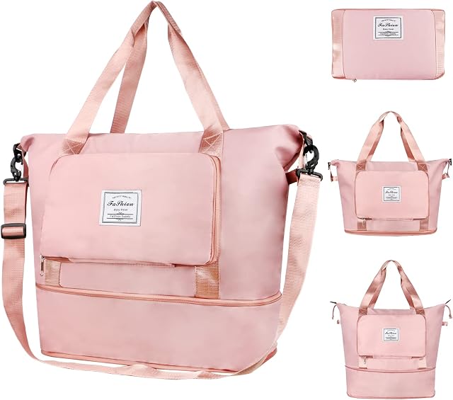 Foldable Travel Duffel Bag ,Large Capacity Gym Tote Bag with Detachable Long Strap, Dry Wet Separated Overnight Bag