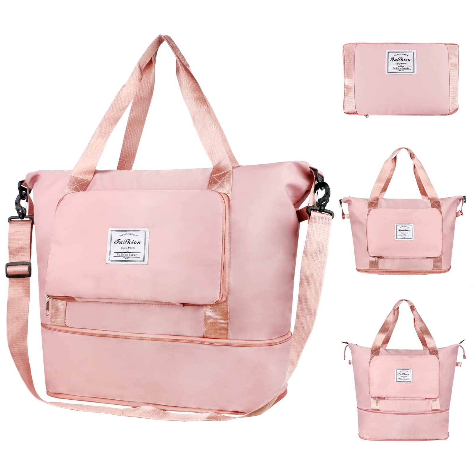 MomogrowFoldable Travel Duffel Bag, Large Capacity Weekend Bag With Detachable Long Strap, Dry Wet Separated Overnight Lightweight Gym Holdall Cabin Airplane for Sports and Travel, pink, Long Strap-image-46