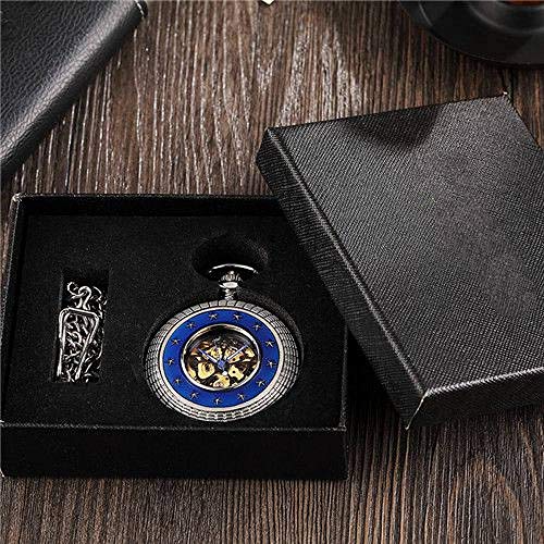 WRENDYY Pocket Watch Vintage Steampunk Silver Mechanical Pocket Watch Men Women Unique Blue Ring Star Surrounded Hand Wind Watch Chain Roman Dial,Watch Set