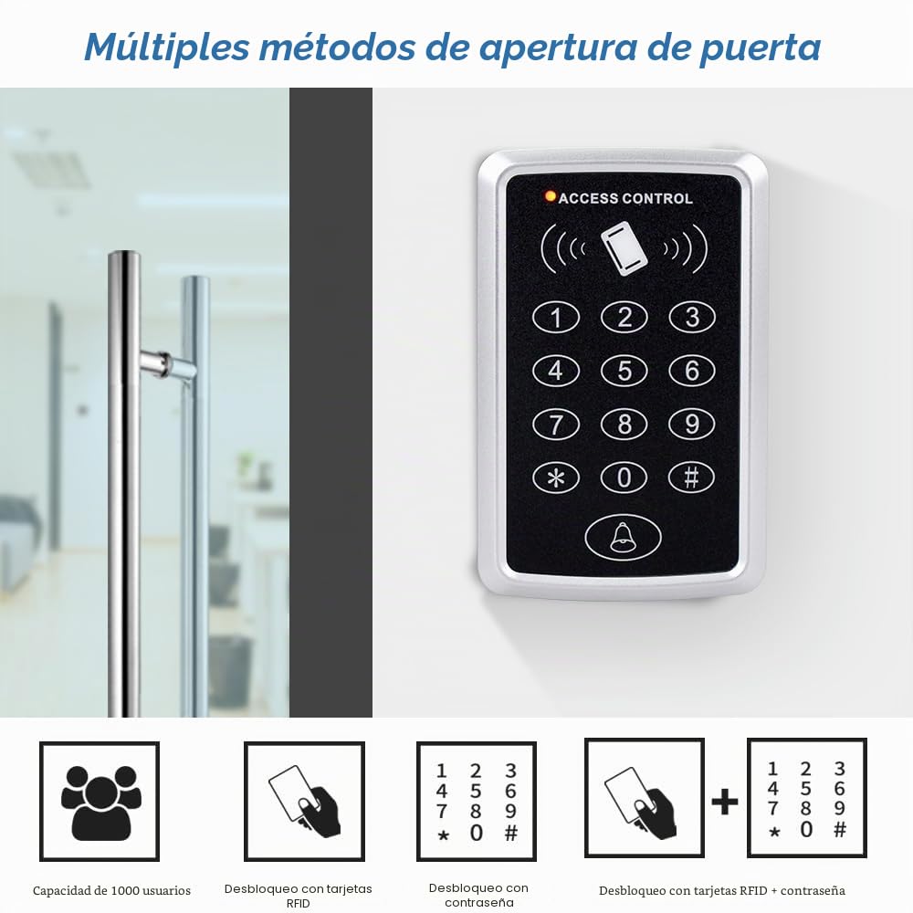 Kit de Sistema de Control de Acceso de Puerta Impermeable Teclado RFID Lector de Tarjetas 125KHz + Fuente de Alimentación DC12V 3A + 15pcs Llavero, Sin Cerraduras Eléctricas