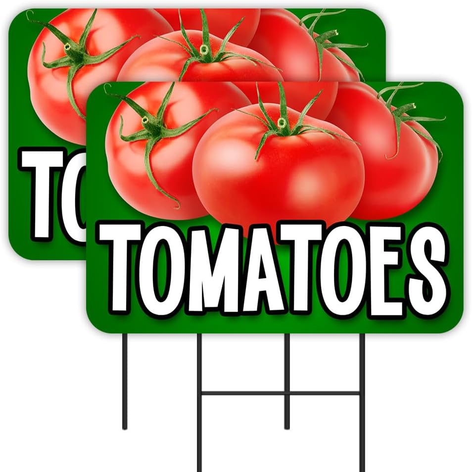 Tomatoes 2 Pack Double-Sided Yard Signs 16" x 24" with Metal Stakes (Made in Texas)