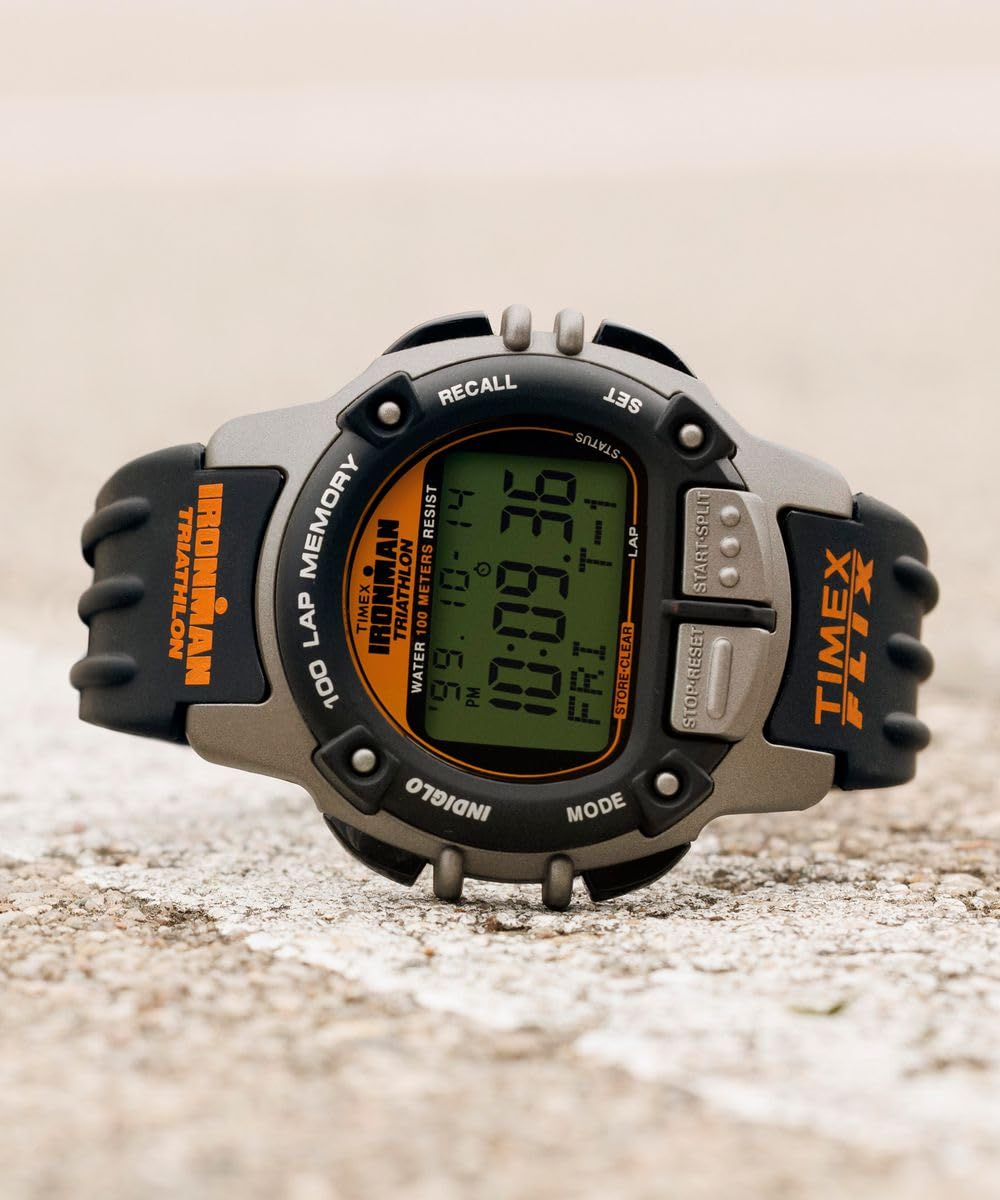 Timex TW5M63200 Ironman Flix 100 Lap Herren-Armbanduhr, 42 mm, schwarzes PU-Armband mit Digitalanzeige