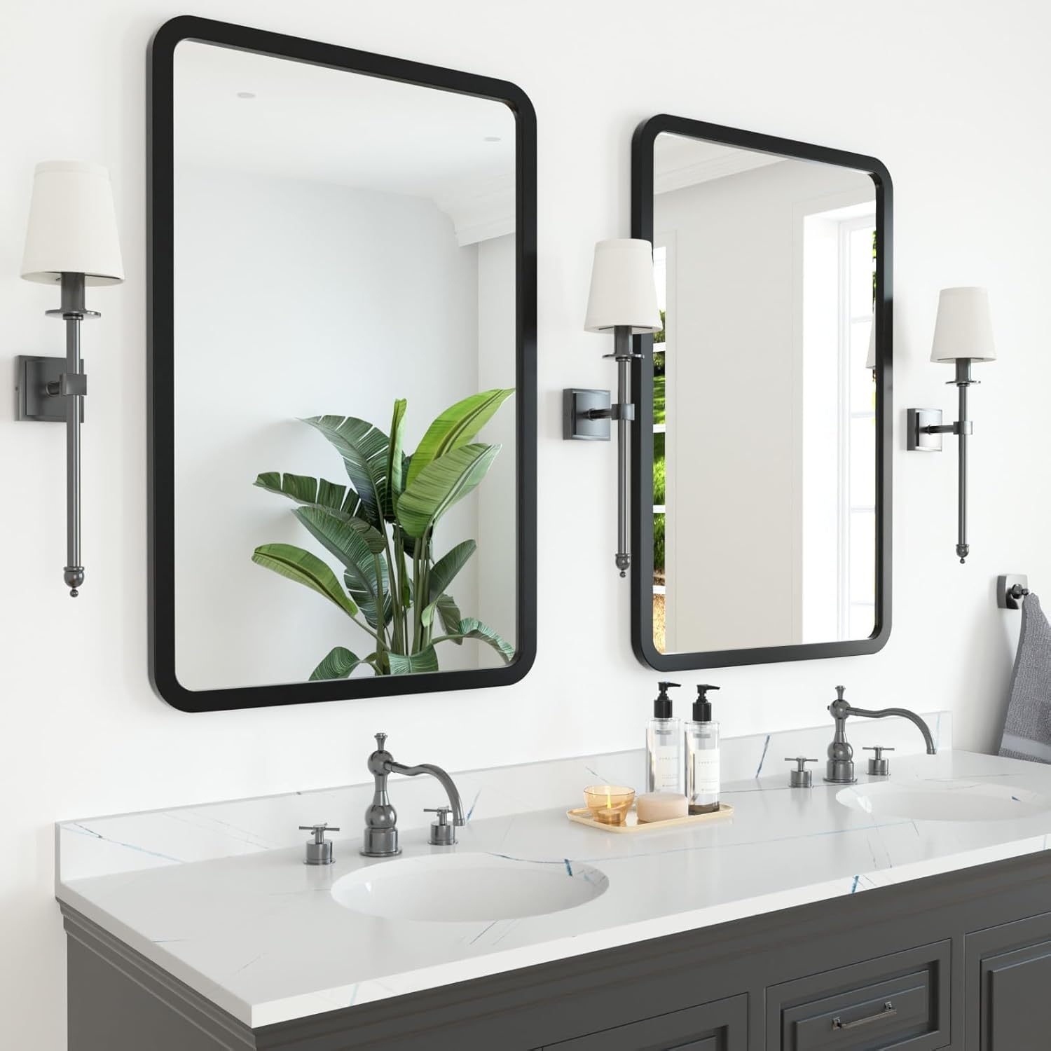 2 Pack 24 x 36 Inch Black Bathroom Mirrors, Metal Frame Rectangle Mirror, Modern Farmhouse Vanity Mirror for Bedroom, Bathroom, Entryway, Wall Mounted (36"L x 24"W Black 2 Pack) Thumbnail