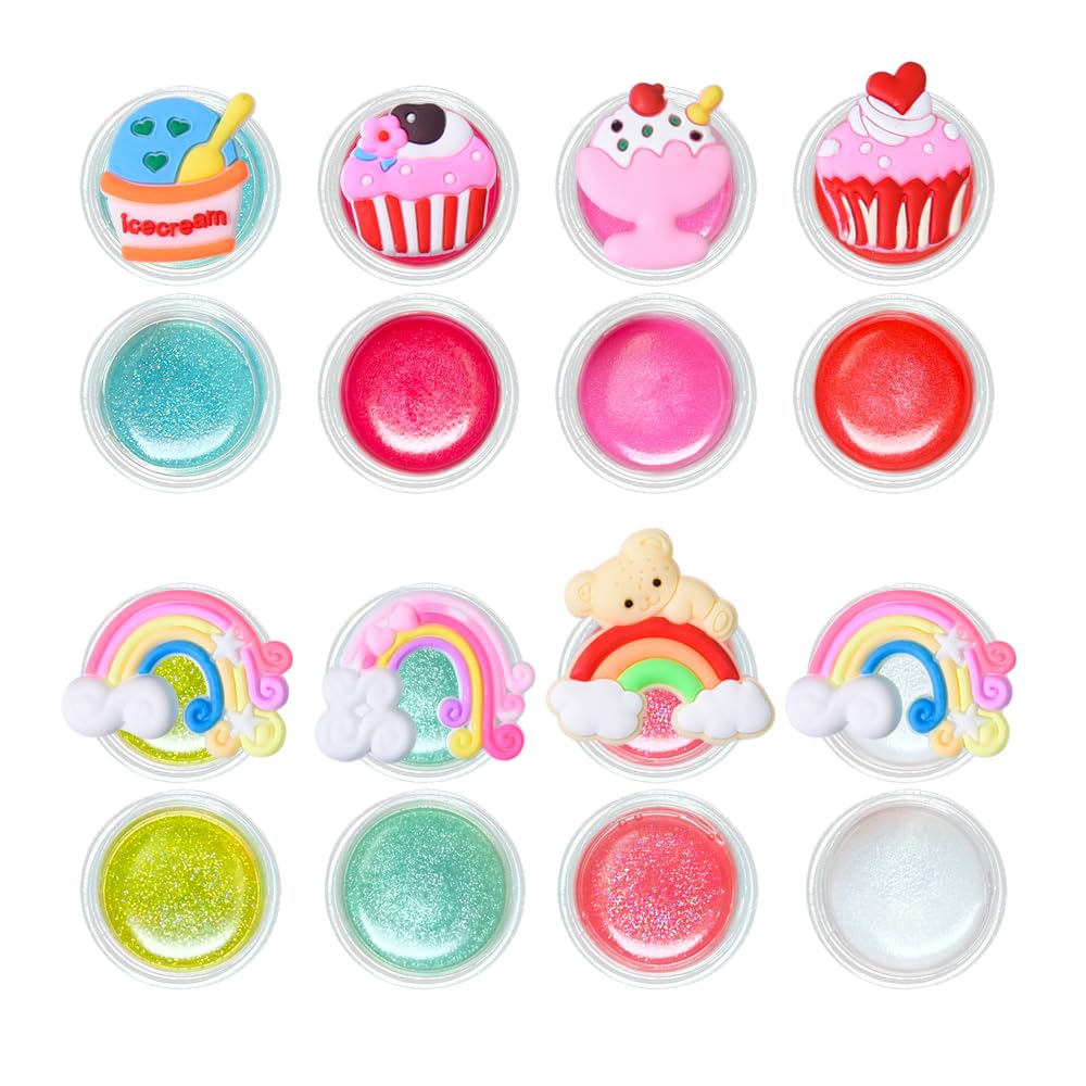 Mebtmel 8PCS Cute Lip Gloss for Girls, Party Favors Lip Balm Set for Kids, Assorted Fruity Flavors Cute Cupcake of Rainbow Designs Birthday Gift