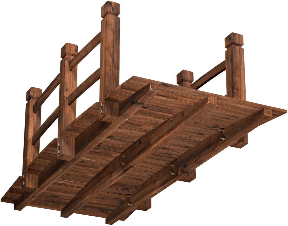 5FT Solid Fir Wood Garden Bridge With Safety Handrail Beautiful Arched Frame Design Stable And Strong Structure Suitable For Decorating Garden Backyard Courtyard Fish Ponds Creeks Stream Gravel Road