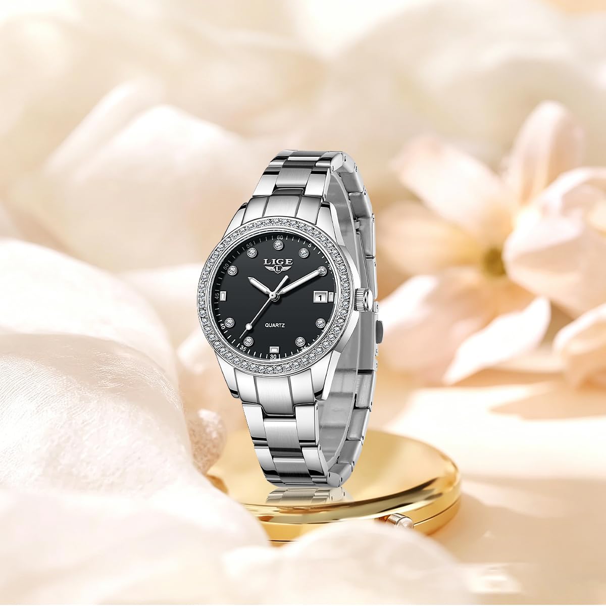 LIGE Montre Femme Quartz Analogique Lunette Strass Cristal Cadran 34mm | Bracelet Métal Argent Aiguilles Lumineuses Affichage Date 3ATM Étanche Verre Anti-Rayures Montre Luxe Mode Cadeau Femme