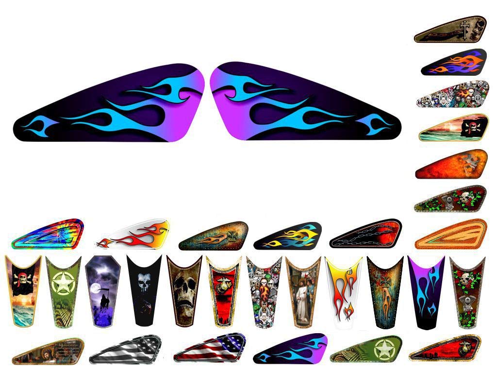 Motorcycle Gas Tank Decals/Sets - for Harley Davidson Sportster Honda Shadow Suzuki Kawasaki Indian Yamaha (Layered Tribal Flames - Blue Sugar/Grape on Black - 2pc Side Tank Decals)