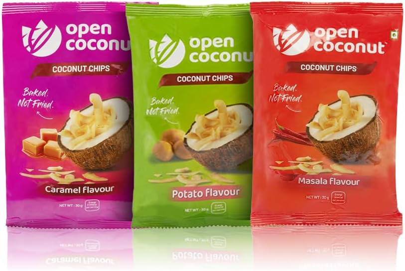 OPEN COCONUT - Potato, Masala, and Caramel Flavor Baked Coconut Chips 30g Combo|Vegan, Healthy Crispy Crunchy Snacks|NoPreservatives, Gluten Free & High Fiber|for Parties,Movie,School Tiffin & Travel-Friendly