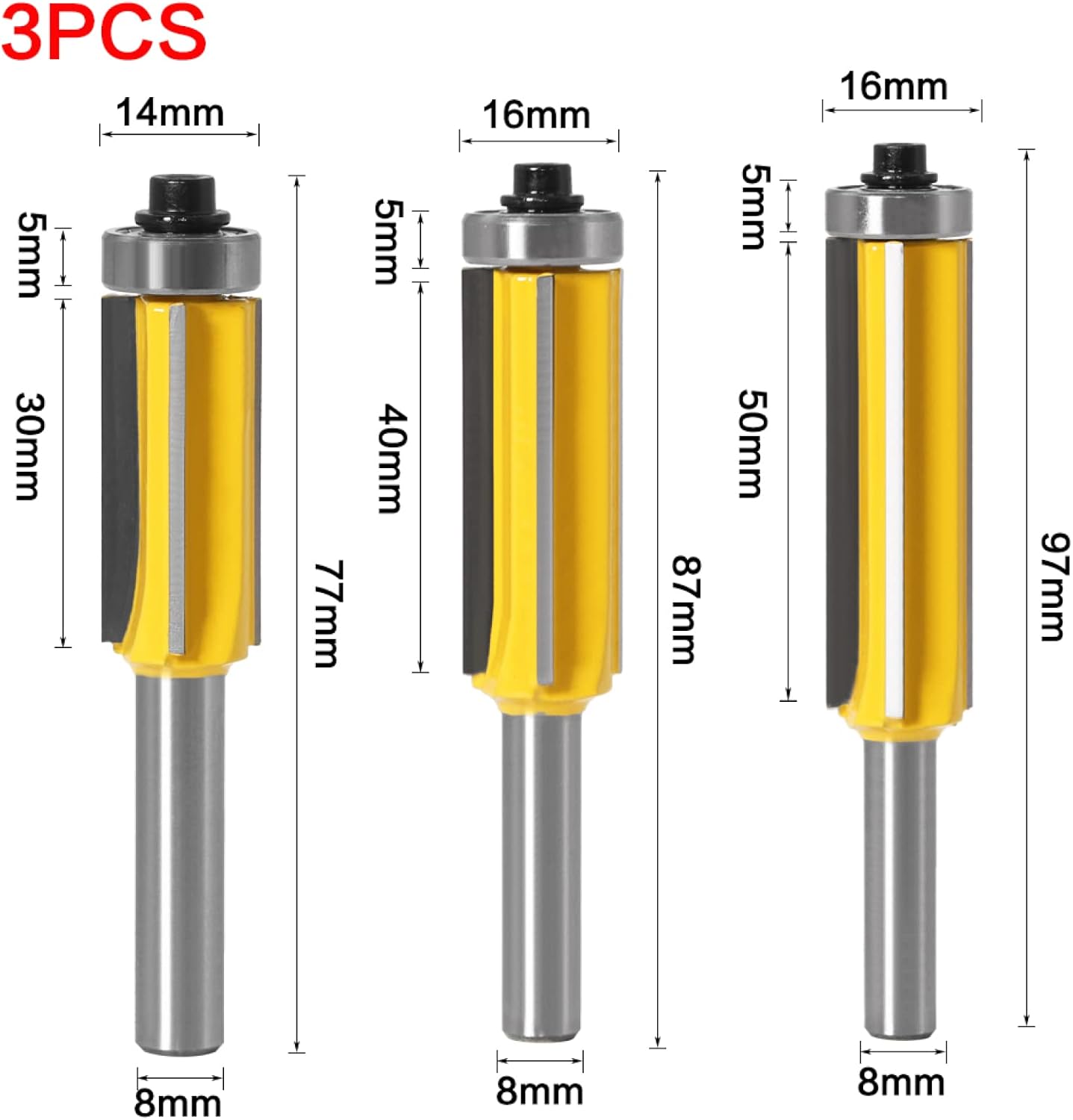Drill Bit 8mm Flush Trim bit Z4 Pattern Router Bit Top & Bottom Bearing Bits Milling Cutter,3PCS