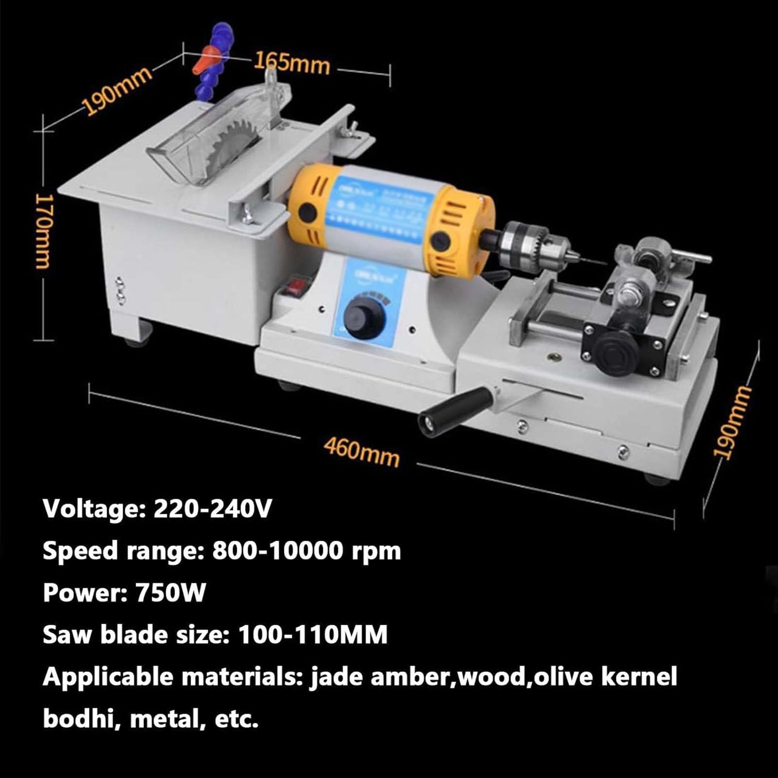 750W Jubilerska Piła Lapidary do Cięcia Skał, Miniaturowa Szlifierka Stołowa Polerka 800-10000 obr./min, Narzędzia stołowe do Cięcia Kamieni Szlachetnych i Jadeitu, Wiertarka